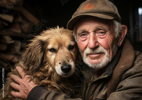 Portrait of a moment of affection between an elderly farmer man and his dog. Care and attention. Domestic and farm animals. © Alicina