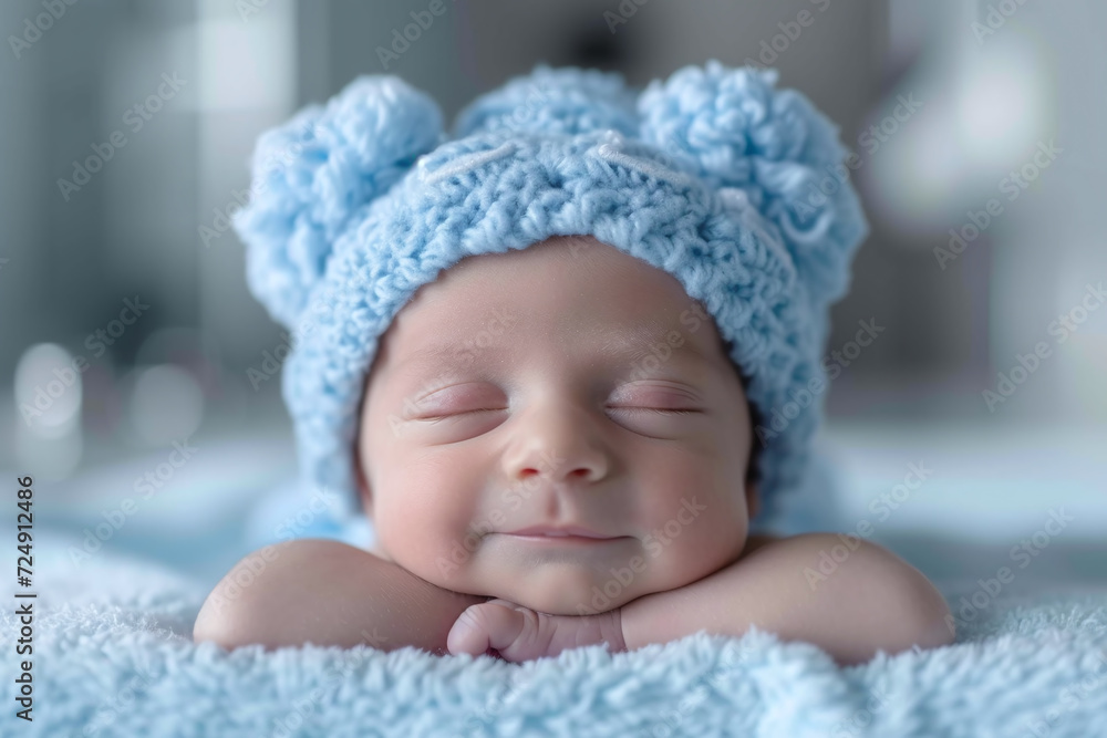 Adorable Caucasian newborn baby fall asleep so comfortable in bed. Newborn baby take a nap and rest alone. Adorable Caucasian newborn baby fall asleep so comfortable in bed. Newborn baby take a nap and rest alone.