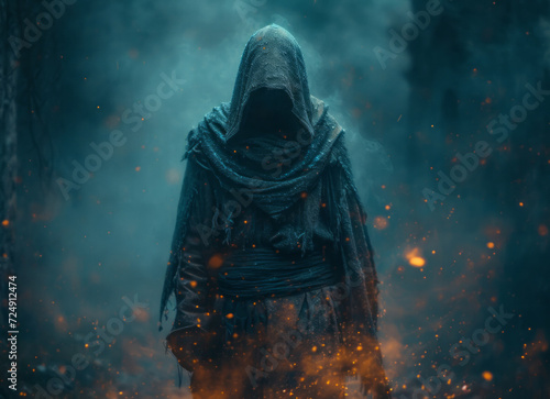 A blueish hooded man standing in a dark street. A person wearing a hooded outfit stands in a dark forest, their face concealed and the surroundings barely visible.