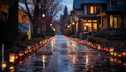 Tranquil scene, illuminated by candlelight, in winter generated by AI