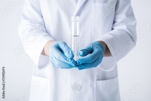 Scientist holding a test tube with blue latex gloves on white background