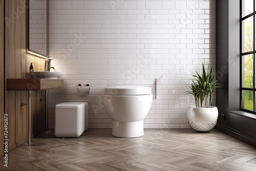 Interior of a bathroom with a white toilet next to a wall decorated with white bricks. dark wood flooring Image of a lavish residence. a mockup