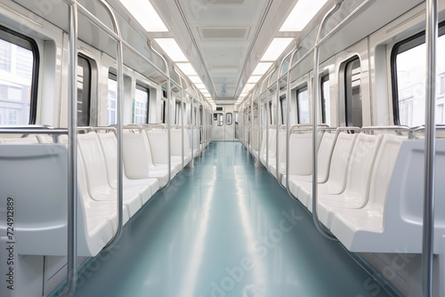 Interior of a modern subway car with white seats. Empty train carriage