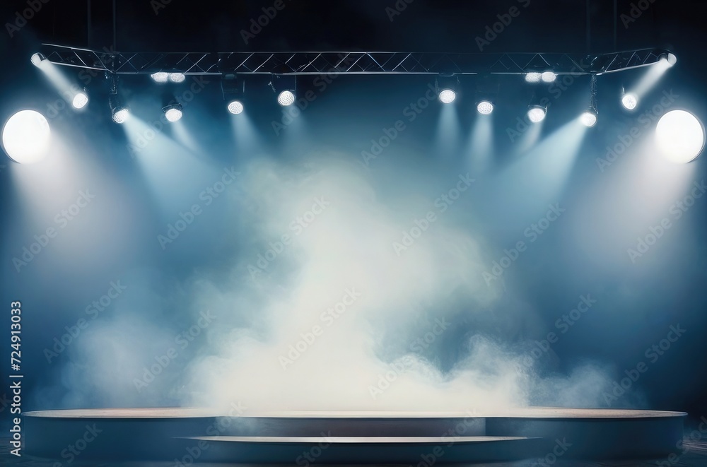 Empty Theater with Smoke, Bright Illumination, and Concert Spotlights, Rock Night Spectacle Spotlighted Stage with Smoke, Ideal for Theatre and Event Backdrops