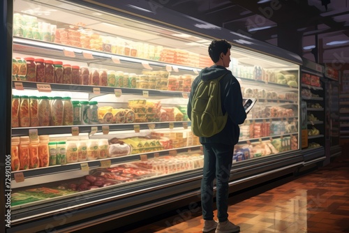 A man stands in front of a display of food at a grocery store, Man shopping for groceries in a supermarket grocery store, AI Generated