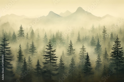 A stunning painting depicting a serene forest with majestic mountains in the distant backdrop., Misty landscape with fir forest in vintage retro style, AI Generated