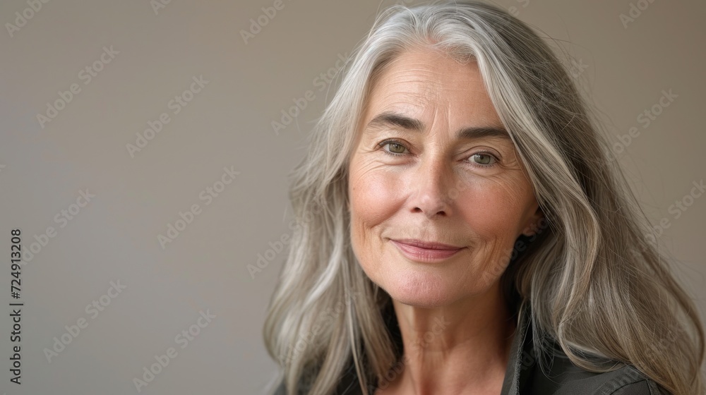 A studio portrait captures the charm of a smiling senior woman, adorned with stylish grey hair and expressive wrinkles. A studio portrait captures the charm of a smiling senior woman, adorned with stylish grey hair and expressive wrinkles.