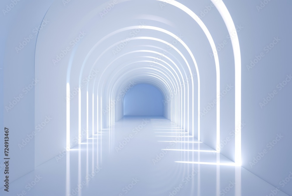 long, white marble perspective hallway with a white door at the end. The hallway is well-lit with light long, white marble perspective hallway with a white door at the end. The hallway is well-lit with light