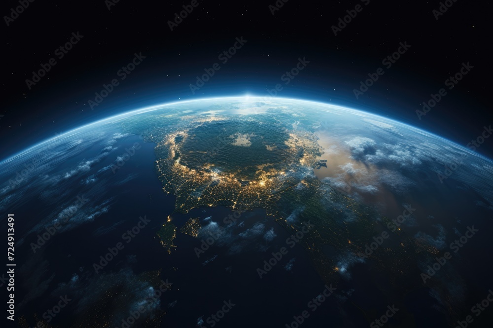 Obraz premium Nighttime View of Earth From Space, A Stunning Image of Our Planet Illuminated, Panoramic view on planet Earth globe from space, AI Generated