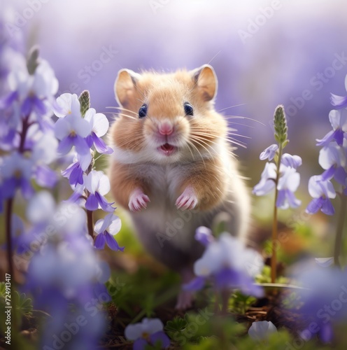 a hamster standing on its hind legs in a field of purple flowers.