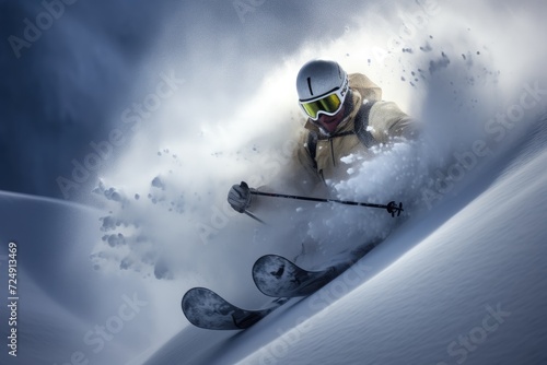 A man swiftly glides down a snow-covered slope, skillfully maneuvering on his skis., Offpiste skiing in deep powder snow, AI Generated photo