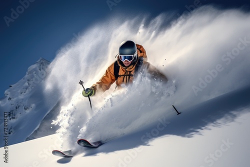 Witness the thrilling sight of a man skillfully gliding down a snow-covered hill on skis., Offpiste skiing in deep powder snow, AI Generated photo