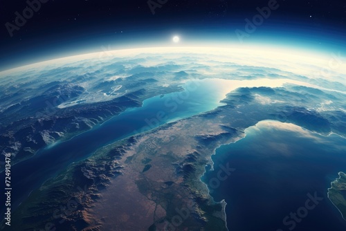 Capture the awe-inspiring beauty of Earth as seen from outer space, showcasing its vibrant colors and delicate atmosphere., Panoramic view on planet Earth globe from space, AI Generated