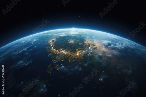 Nighttime View of Earth From Space, A Stunning Image of Our Planet Illuminated, Panoramic view on planet Earth globe from space, AI Generated