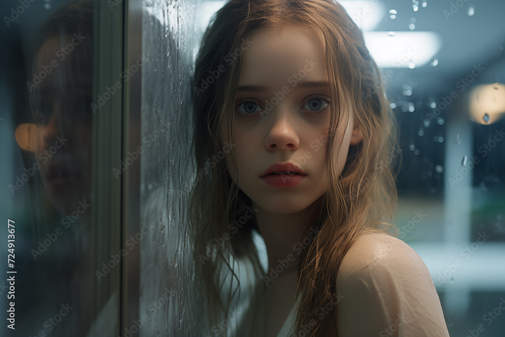 Portrait of beautiful sad girl looking through the window in rainy day Portrait of beautiful sad girl looking through the window in rainy day