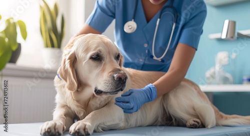 A Labrador dog is being examined by a veterinarian