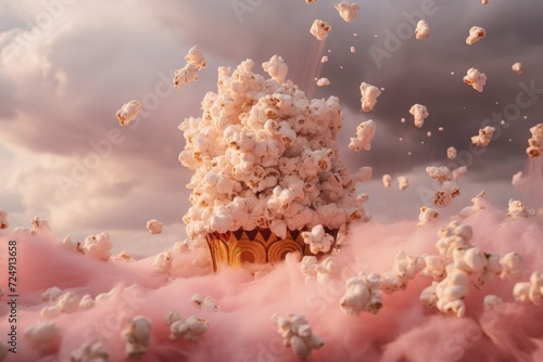 In this captivating image, a majestic tree stands tall amidst fluffy clouds of popcorn, showcasing a whimsical yet abundant natural phenomenon, Pink popcorn in blurry fairy clouds, AI Generated