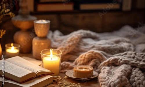  relaxing image of a soft knitted blanket draped on the bed, candle, cup of tea. Cozy knit bedroom concept. Hygge style.