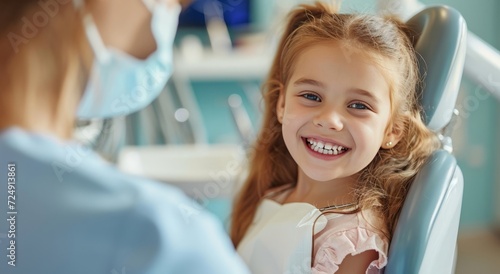 the girl is sitting at the dentist and smiling