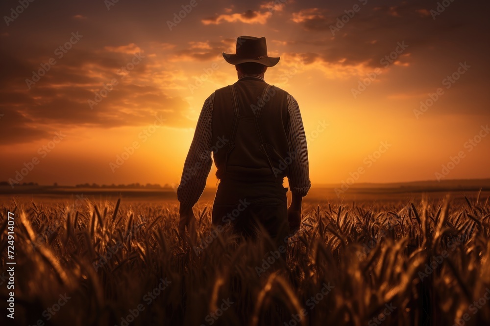 A man wearing a cowboy hat stands confidently in a beautiful open field, Silhouette of a farmer amidst a wheat field, gazing at the setting sun, AI Generated