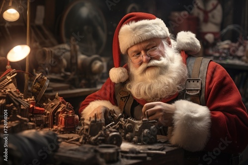 Man Dressed as Santa Claus Operating Machine, Santa Claus and his tiny worker elves in the workshop, North Pole, Movie style, Cinematic lighting dramatic action, Fun emotion, AI Generated