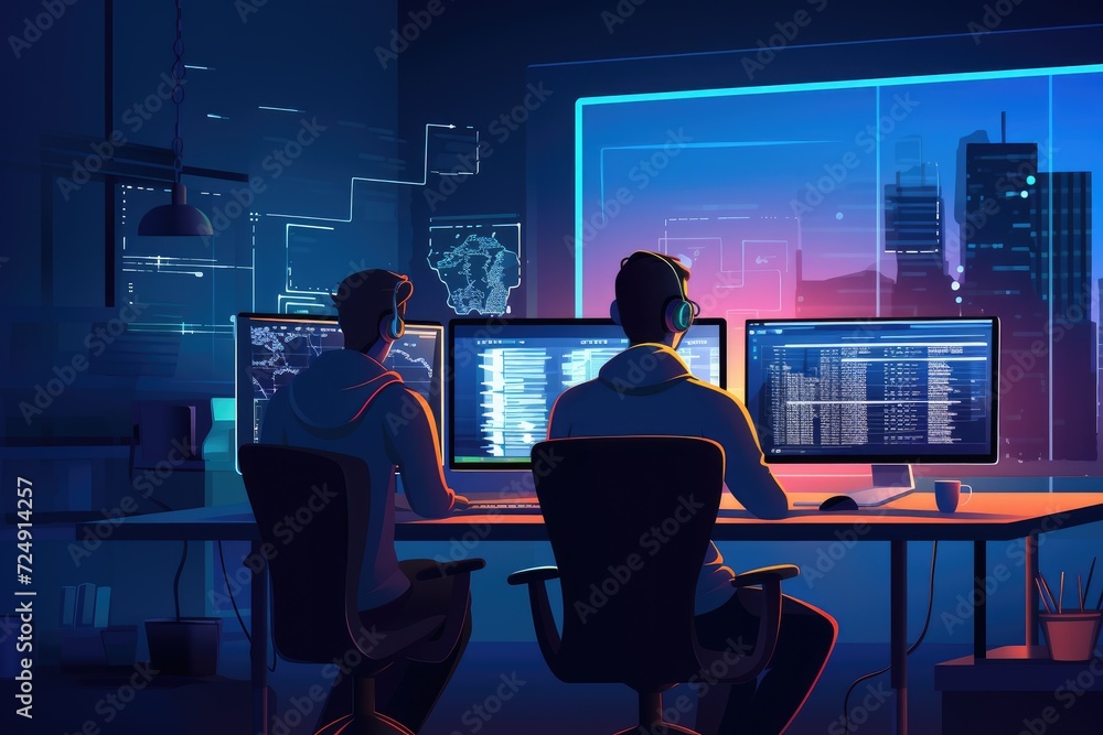 A couple of people focused on their work at a desk, in front of two computer monitors, Software developer and a man at computer for coding script, AI Generated A couple of people focused on their work at a desk, in front of two computer monitors, Software developer and a man at computer for coding script, AI Generated