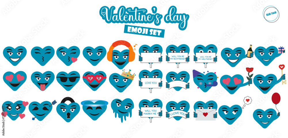 Naklejka premium Blue heart emoji. Emoji set love. different pose; pack emoji heart; valentine day. wedding. Isolated background. Heart emoji facial expressions. blue thematic. heart shape - Vector illustrat