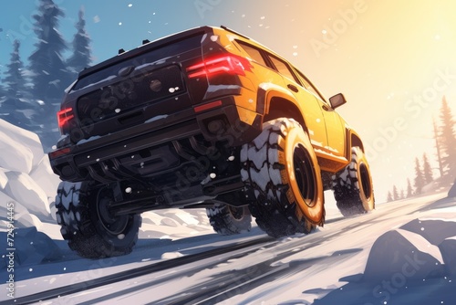 A yellow truck drives down a snow covered road  SUV car on snow road  Tires on snowy highway detail  AI Generated