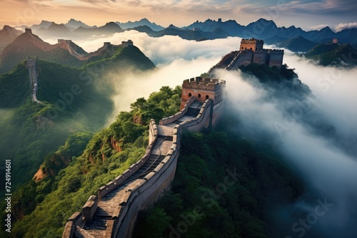 Aerial View of the Great Wall of China, Majestic, Historic, and Iconic Landmark, The Great Wall of China in the mist, lying long, surrealist view from drone photography, AI Generated