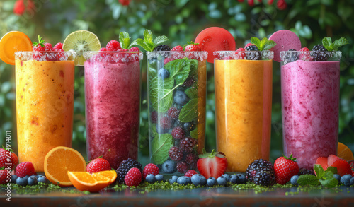 Five types of smoothie in different glasses. A row of various bright and enticing smoothies  each with its own unique color  artfully arranged on top of a table.