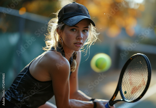 Female tennis player in a black hat playing tennis. A woman confidently holds a tennis racquet while standing on a tennis court. © Vadim