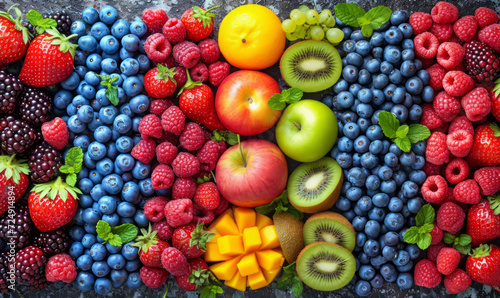 Freshest most nutritious foods around. A diverse selection of ripe and vibrant fruits is meticulously arranged on a table, showcasing their natural colors and textures. © Vadim