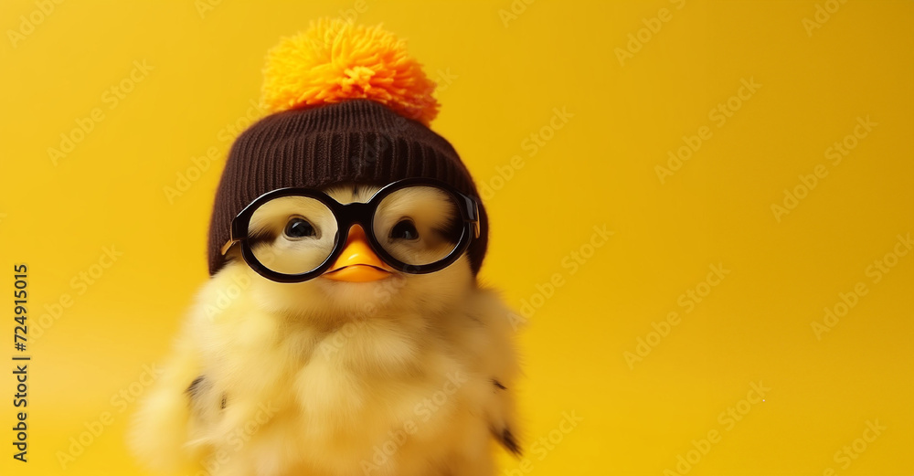 happy Easter. Cute little chicken with hat and glasses, Template for label, gift greeting card, promotional banner or ticket price