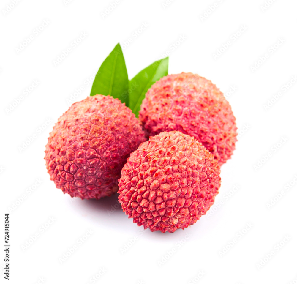 Lychee with leaves on white backgrounds Lychee with leaves on white backgrounds