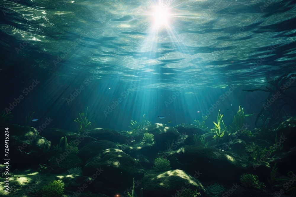 Naklejka premium Underwater View of Rocks and Plants in a Natural Water Environment, Underwater sunlight through the water surface seen from a rocky seabed with algae, AI Generated