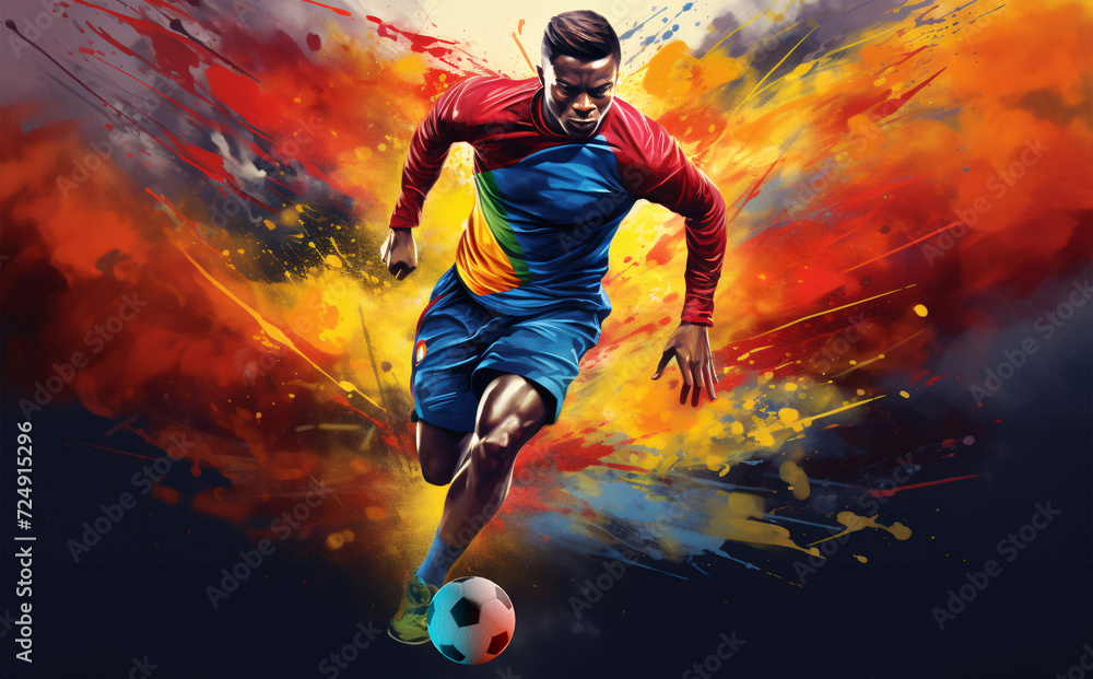Dynamic Football Action: Player Running with Ball Amidst Explosive Colors