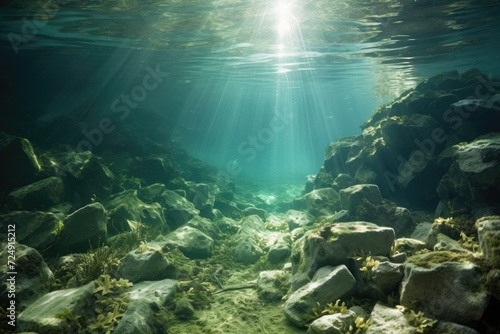 Underwater View of Rocks and Water, A Natural Beauty Revealed, Underwater sunlight through the water surface seen from a rocky seabed with algae, AI Generated © Iftikhar alam