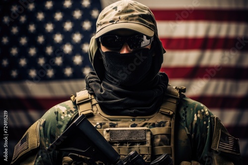 Man in Camouflage Holding Gun in Front of American Flag, US Army soldiers with weapons and the United States flag in the background, face covered with a mask, AI Generated