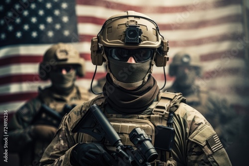 Group of Soldiers Standing in Front of an American Flag, US Army soldiers with weapons and the United States flag in the background, face covered with a mask, AI Generated