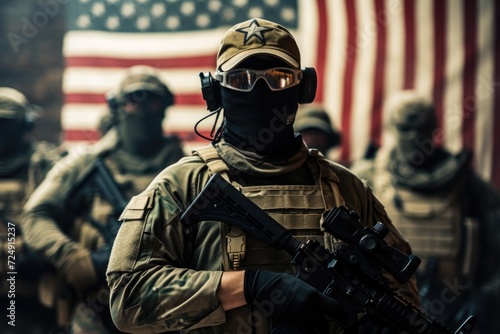 Group of Soldiers Standing in Front of American Flag, US Army soldiers with weapons and the United States flag in the background, face covered with a mask, AI Generated