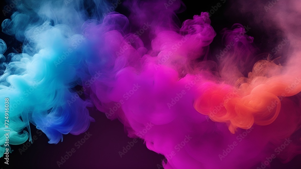 Vibrant, colorful smoke swirls on a dark background, forming mesmerizing patterns and captivating the eye.