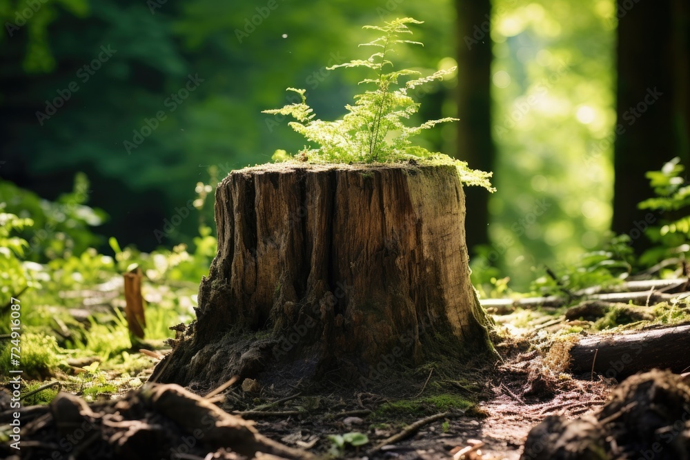 This photo captures the resilience of nature as a plant flourishes from a decaying tree stump, Young tree emerging from old tree stump, AI Generated This photo captures the resilience of nature as a plant flourishes from a decaying tree stump, Young tree emerging from old tree stump, AI Generated