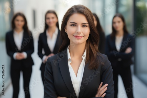 A woman confidently stands before a diverse group of women, Young Successful and good-looking Woman Team, AI Generated