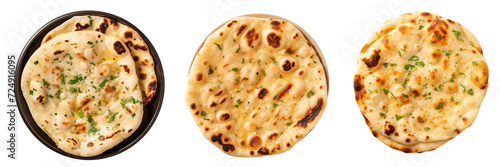 Collection of Indian naan breads with garlic and butter, top view isolated on transparent or white background photo