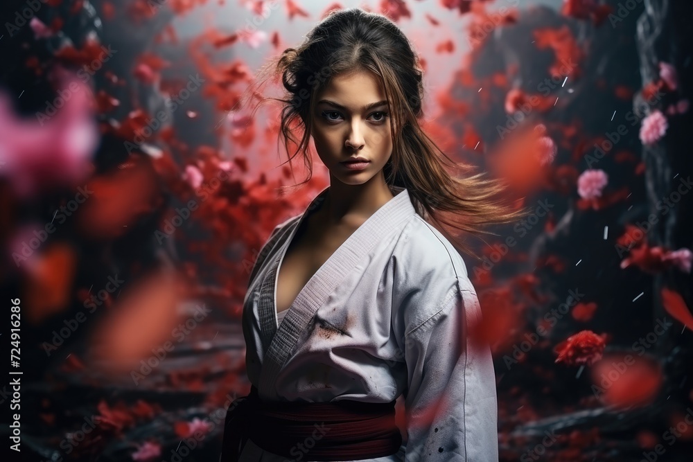 A woman dressed in a traditional kimono stands gracefully as she admires the vibrant display of flowers, Martial arts Concept Young woman in kimono practicing karate, AI Generated A woman dressed in a traditional kimono stands gracefully as she admires the vibrant display of flowers, Martial arts Concept Young woman in kimono practicing karate, AI Generated