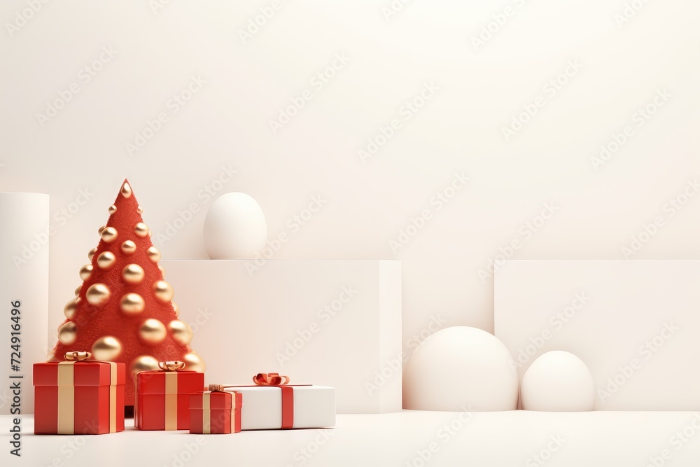 Decorated Red and Gold Christmas Tree With Surrounding Presents, minimalist christmas background with christnas tree and gift boxes, AI Generated