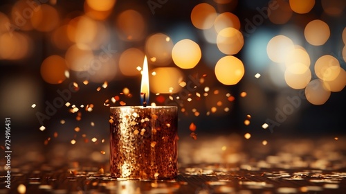 burning candle in the dark, beautiful firework on_the background of the golden