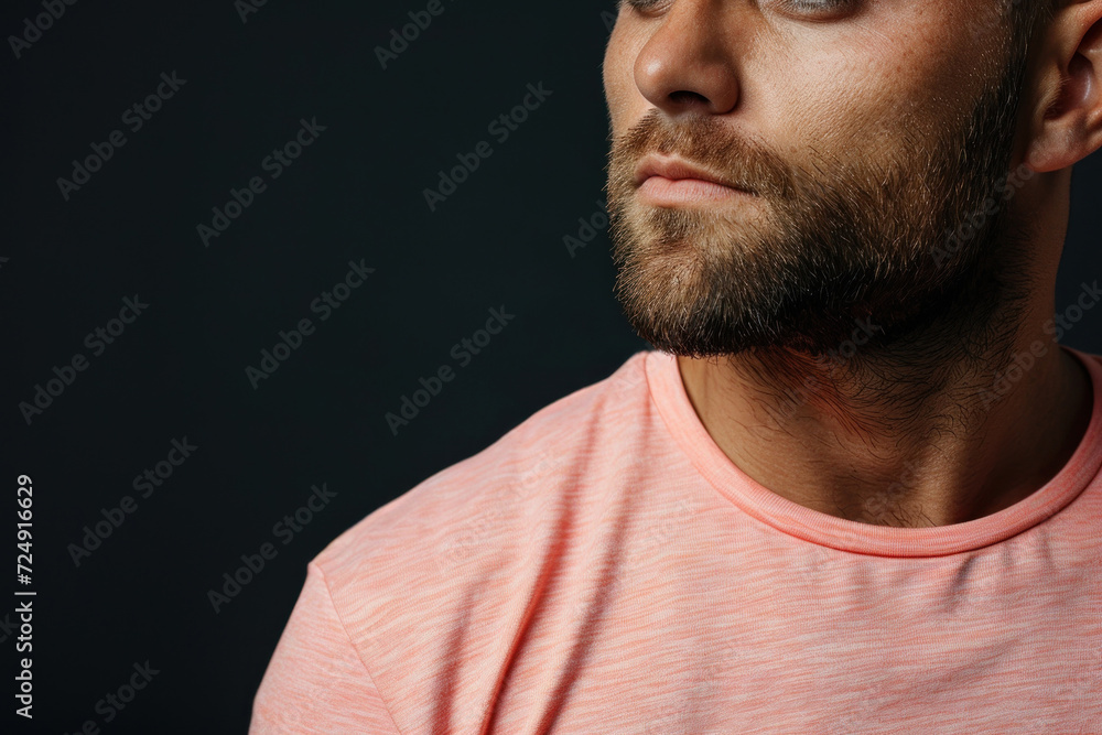 Fototapeta premium A man in a trendy peach T-shirt. Close up collar.