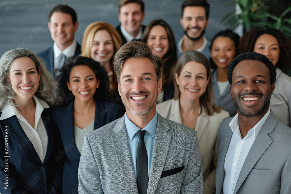 A group of business professionals smiling broadly while facing the camera.