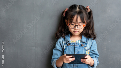 Asian little girl reading on an electronic tablet on a gray background.